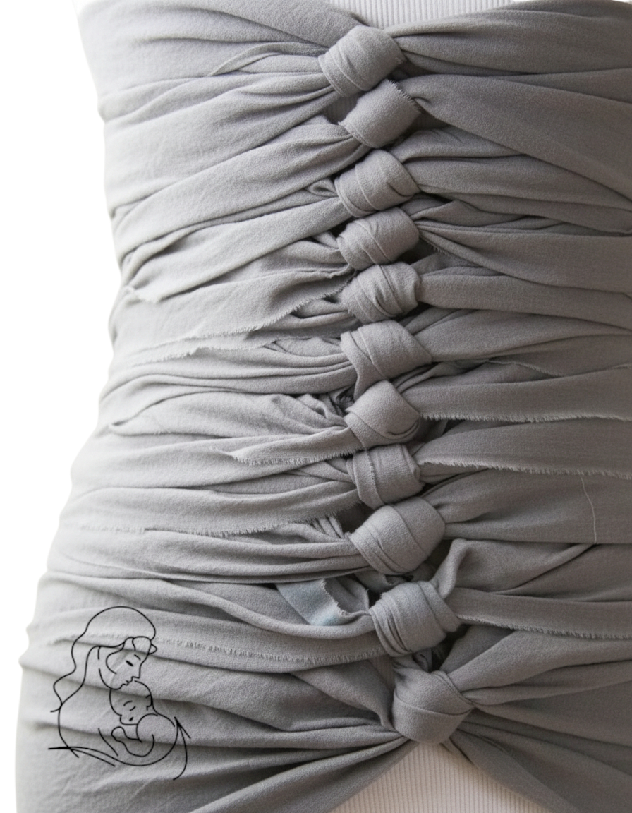 Mehrlagige Bengkung Bauchbindung aus feinem Stoff, kunstvoll geknotet und in einem modernen, eleganten Grauton gefärbt.